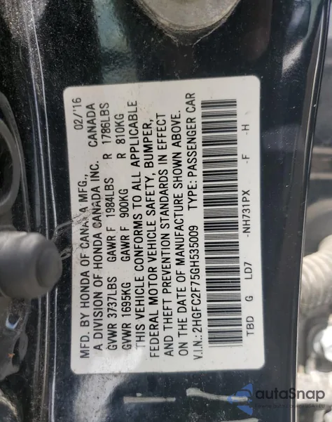 2016 Honda Civic Ex from USA, damaged, VIN 2HGFC2F75GH535009